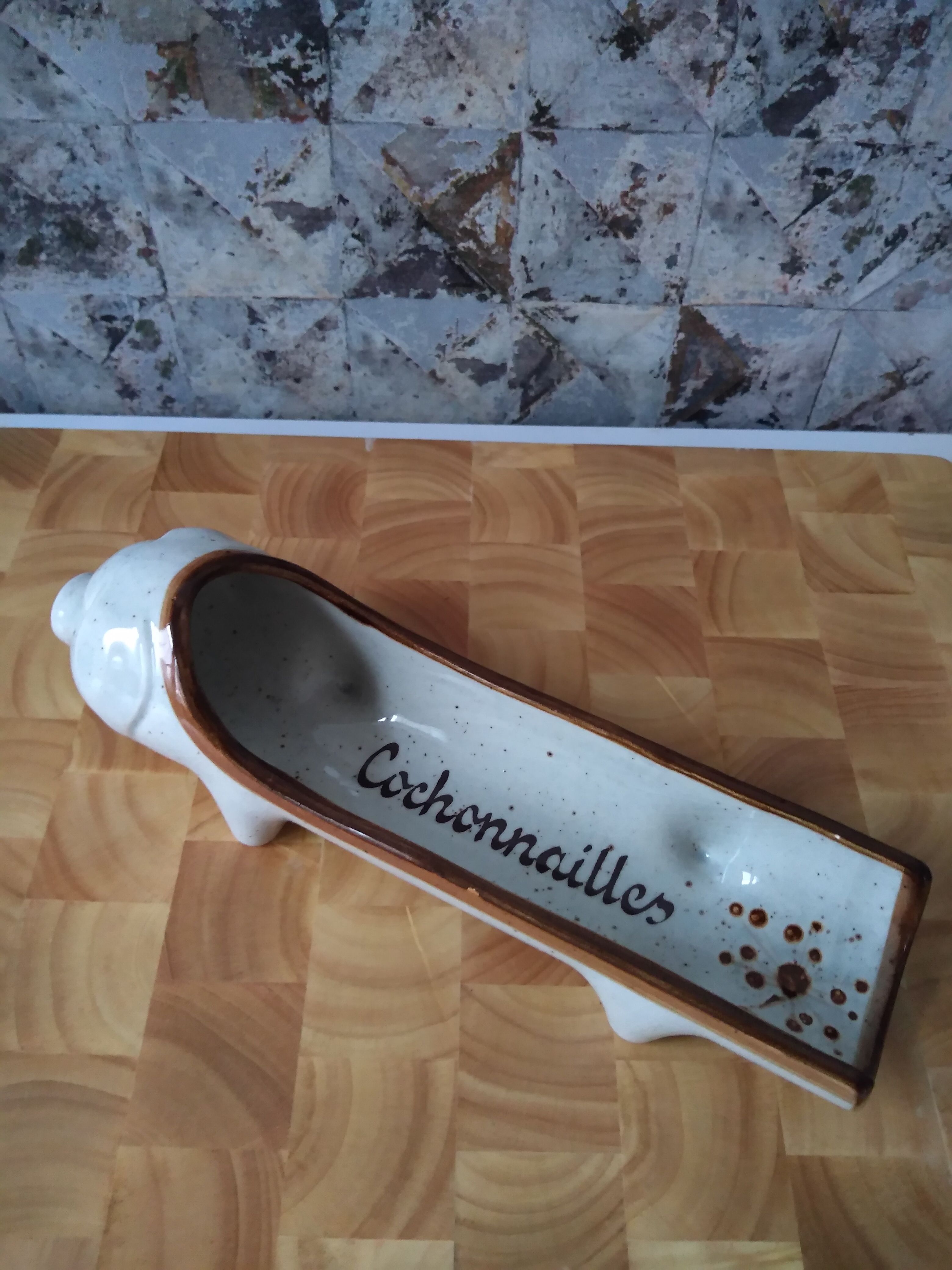 Pig sausage dish in beige and enamelled brown ceramic - aperitif - aperitif