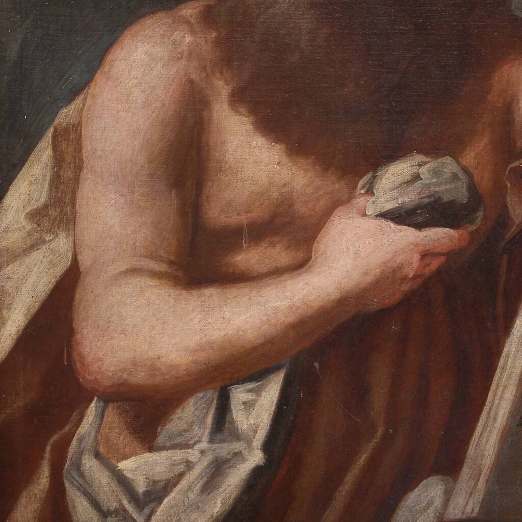 Antique religious painting from the 17th century, Penitent Saint Jerome