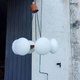 Scandinavian teak and white opaline chandelier with 6 lights from the 70s