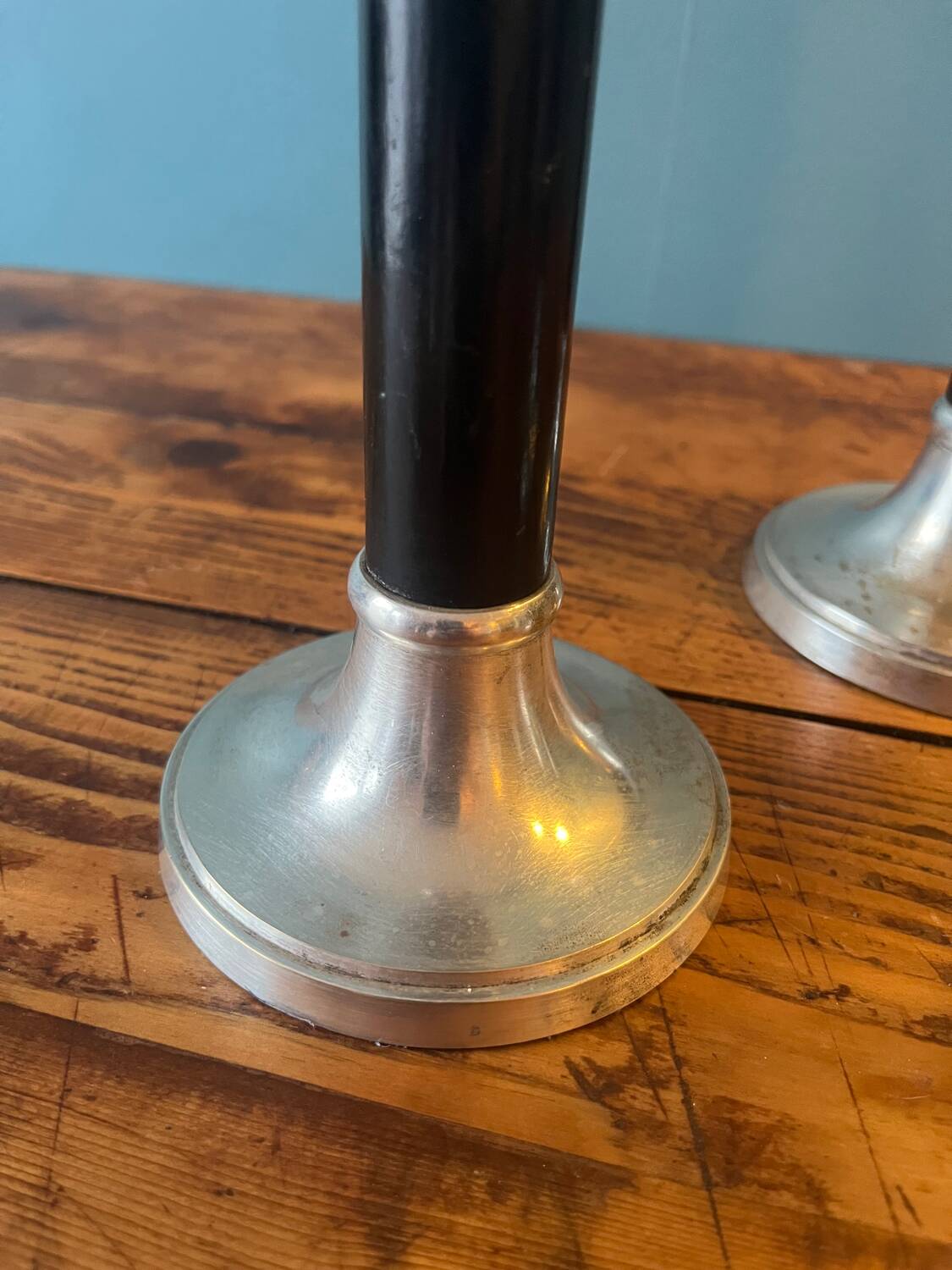 Trio of metal and wood candlesticks from the 80s