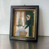 Peinture ancienne sur verre cadre en bois noir avec dorure 16,5 cm x 13,5 cm