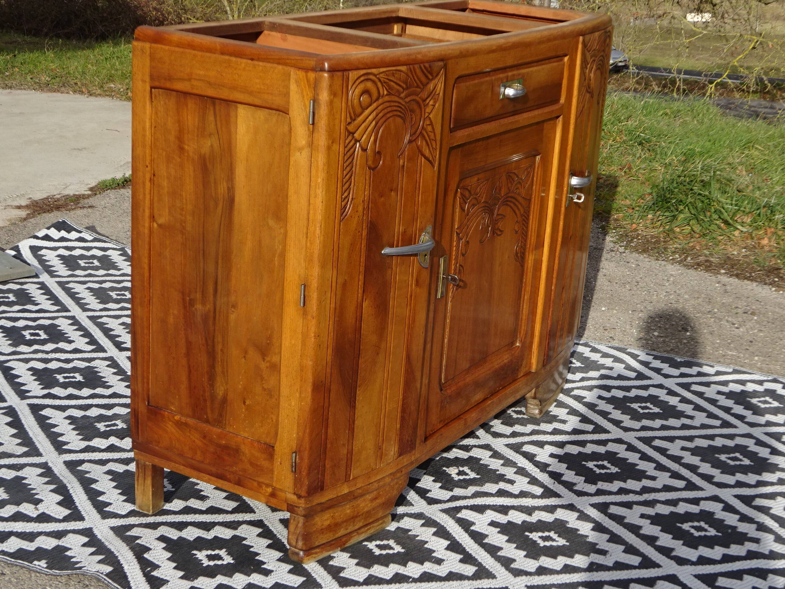 Narrow sideboard, art deco in light walnut, gray marble top