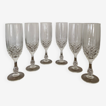 6 Luminarc Champagne Flutes Cristal d'Arques France model Chenonceaux diamond tip Vintage