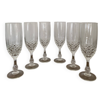 6 Luminarc Champagne Flutes Cristal d'Arques France model Chenonceaux diamond tip Vintage