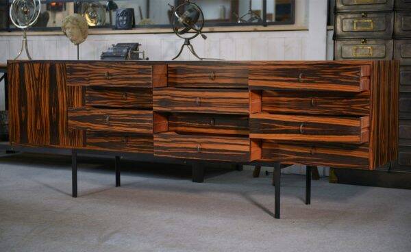 Designer sideboard in Gabonese ebony, 1 door, 12 drawers, 1960s