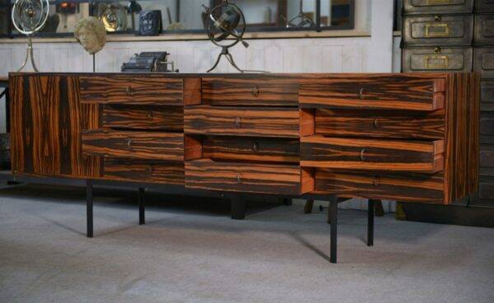 Designer sideboard in Gabonese ebony, 1 door, 12 drawers, 1960s