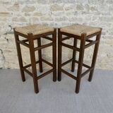 Pair of high stools, bar, wooden with mulched seats