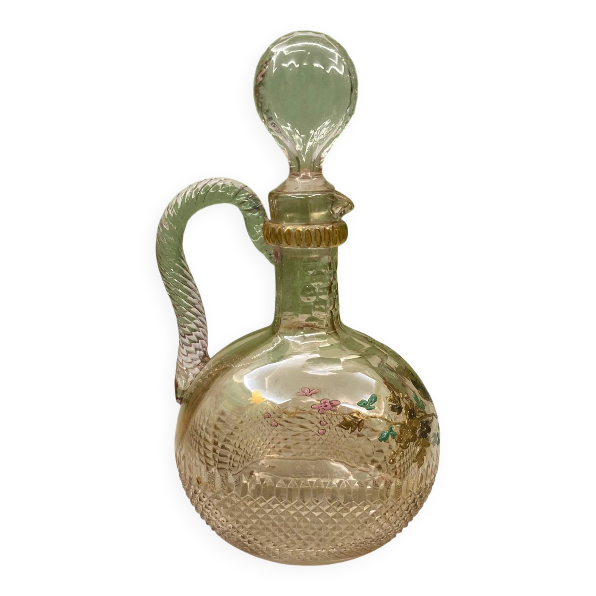 19th-century antique liqueur decanter (DLG Baccarat) cut crystal with bird decoration.