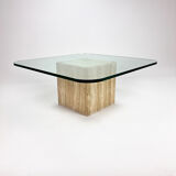 Table basse en verre faite à la main du milieu du siècle avec base en travertin, années 1960