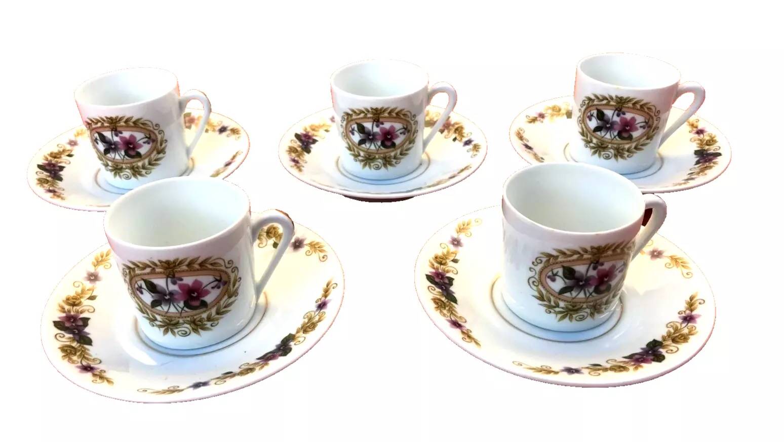 5 Limoges Porcelain Coffee Cups / Saucers BM French Porcelain