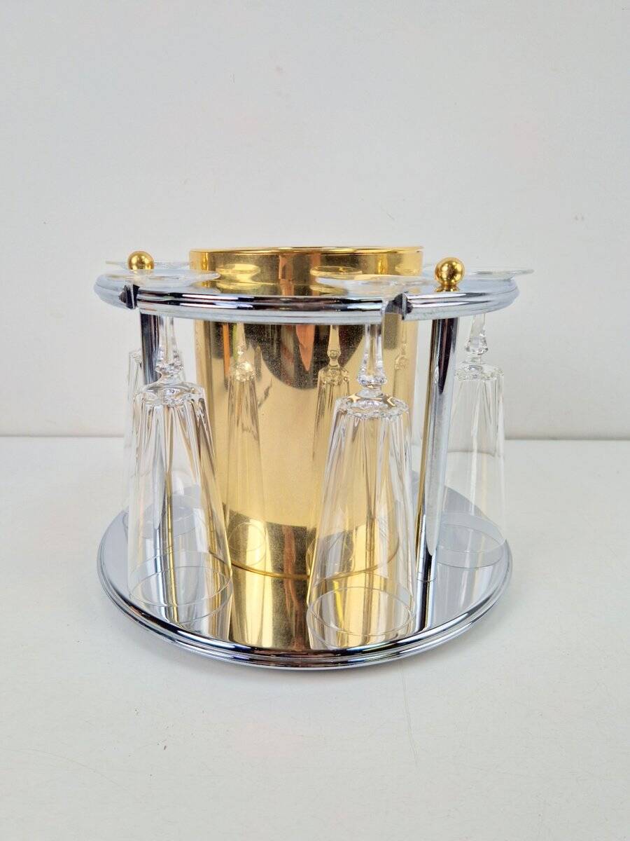 Brass Champagne Cooler with Glass Holder and Crystal flutes by Hans Turnwald for Freddotherm, Germany, 1960s, Set of 7