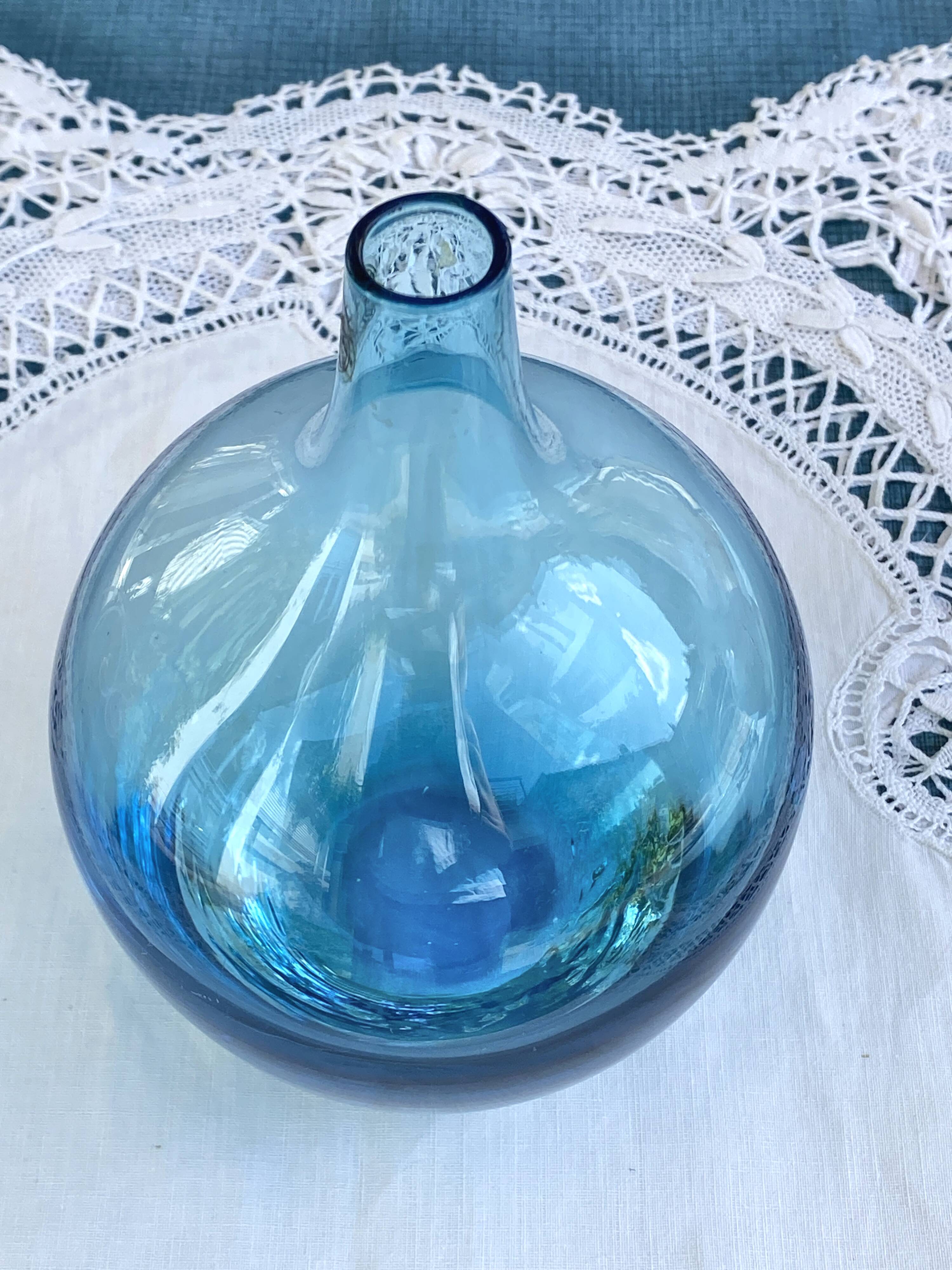 Vintage handmade aqua blue glass bud vase from the 1990s