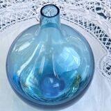 Vase boule soliflore Vintage verre bleu Aqua fait à la main années 90