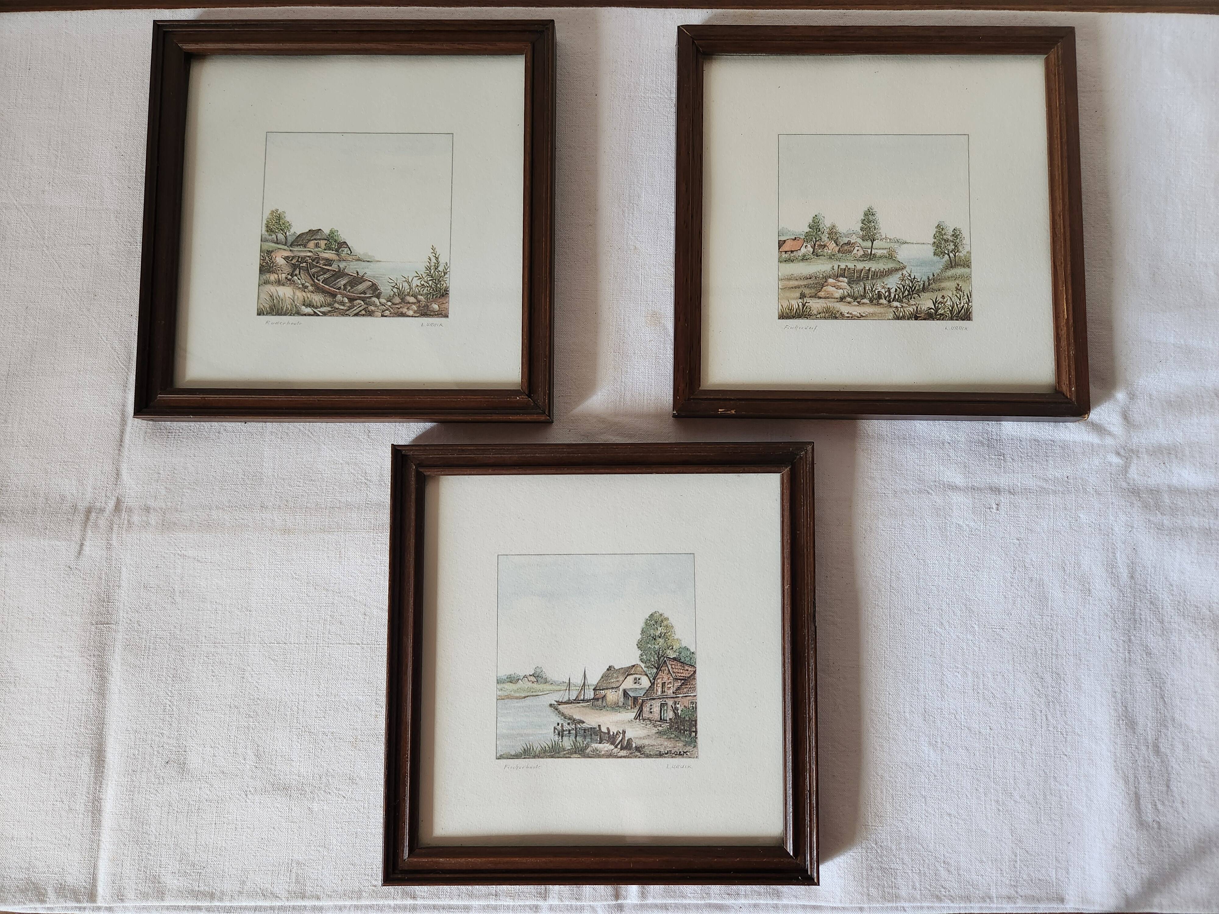 Vintage 3x Ludwig Urack Small German River Scene & Boats Art Prints