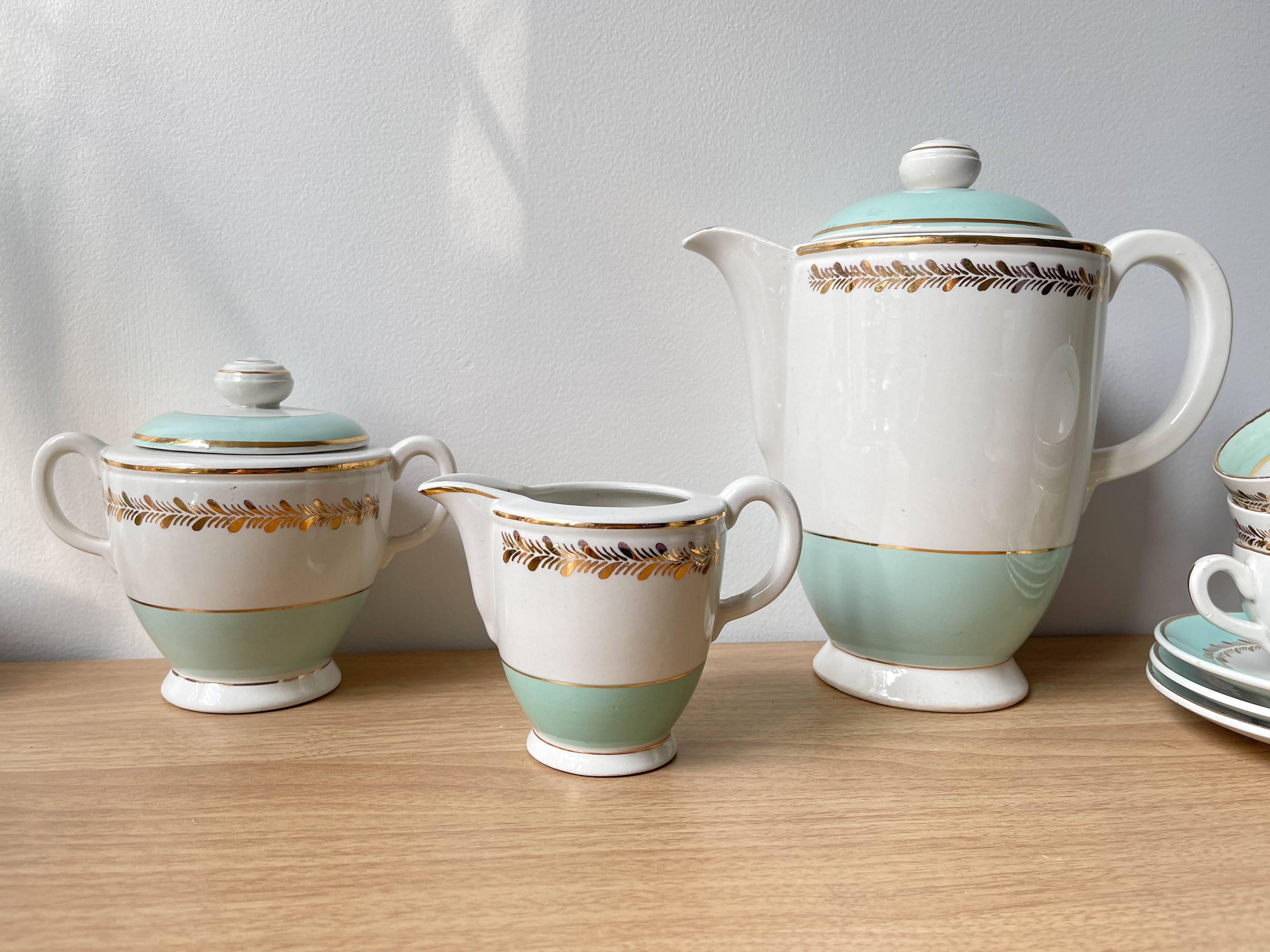 Vintage tea/coffee service in white green gold porcelain LUNEVILLE made in France