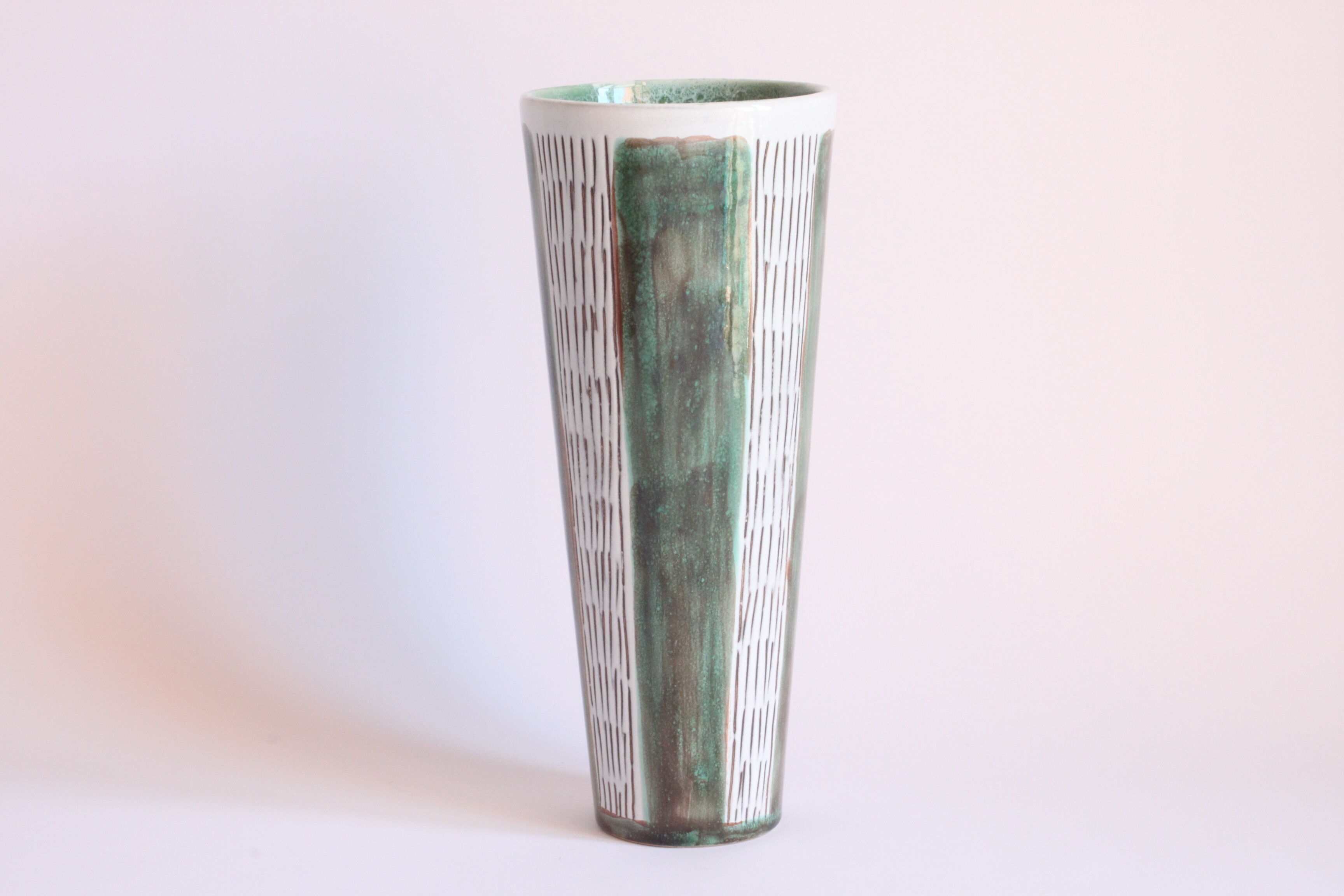 Striped green vase by Faiencerie Thulin, Belgium 1950s.