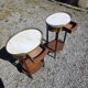 Pair of Louis XVI style bedside tables in mahogany, with marble tops.