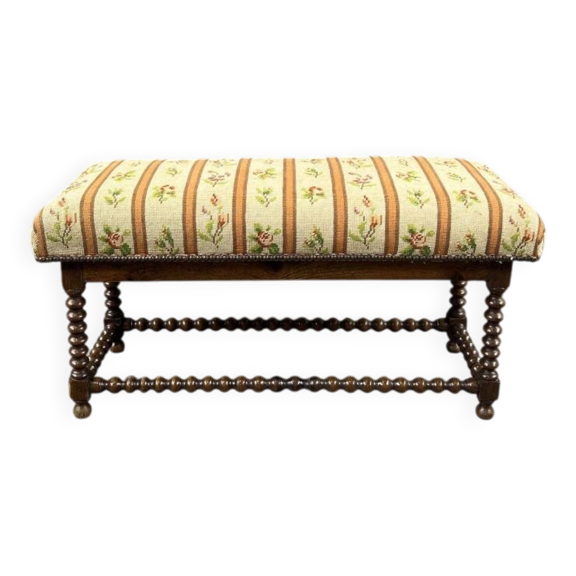 Antique Turned Wood Bench, Floral Tapestry Seat, 20th Century