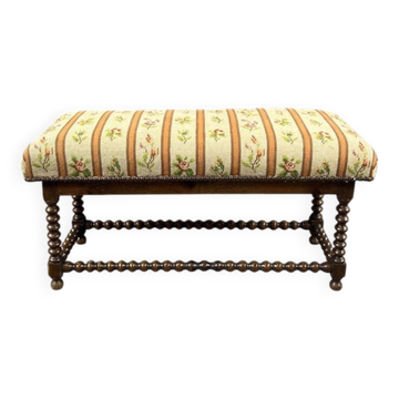 Banquette Ancienne en Bois Tourné, Assise Tapisserie Florale, XXe Siècle