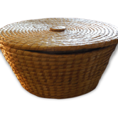 Corbeille en paille, interieur satin rouge, vintage 70's