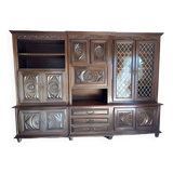 Wooden dresser with glass display cases and TV area with rotating tray