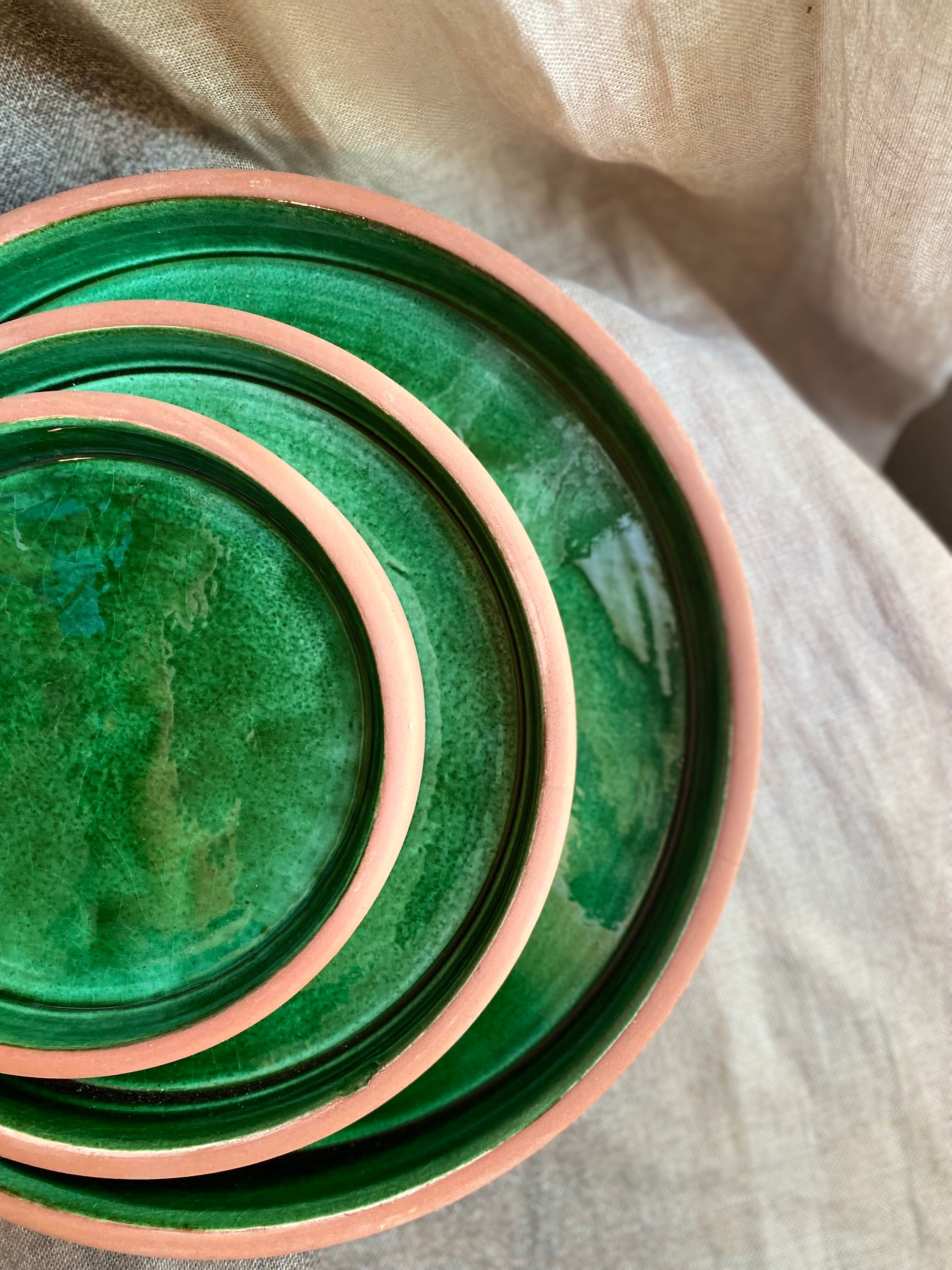 Lot 3 terracotta plates glazed in green