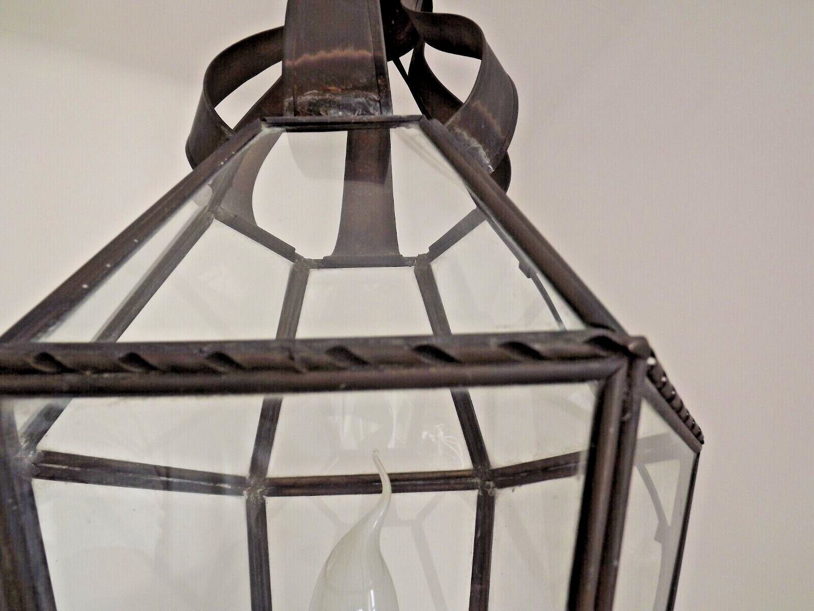 Hexagonal shaped copper and glass hanging lantern