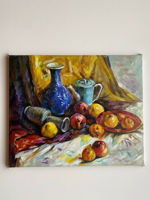 Ancient painting, still life with fruit, vase and teapot, signed, 20th century
