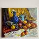 Ancient painting, still life with fruit, vase and teapot, signed, 20th century