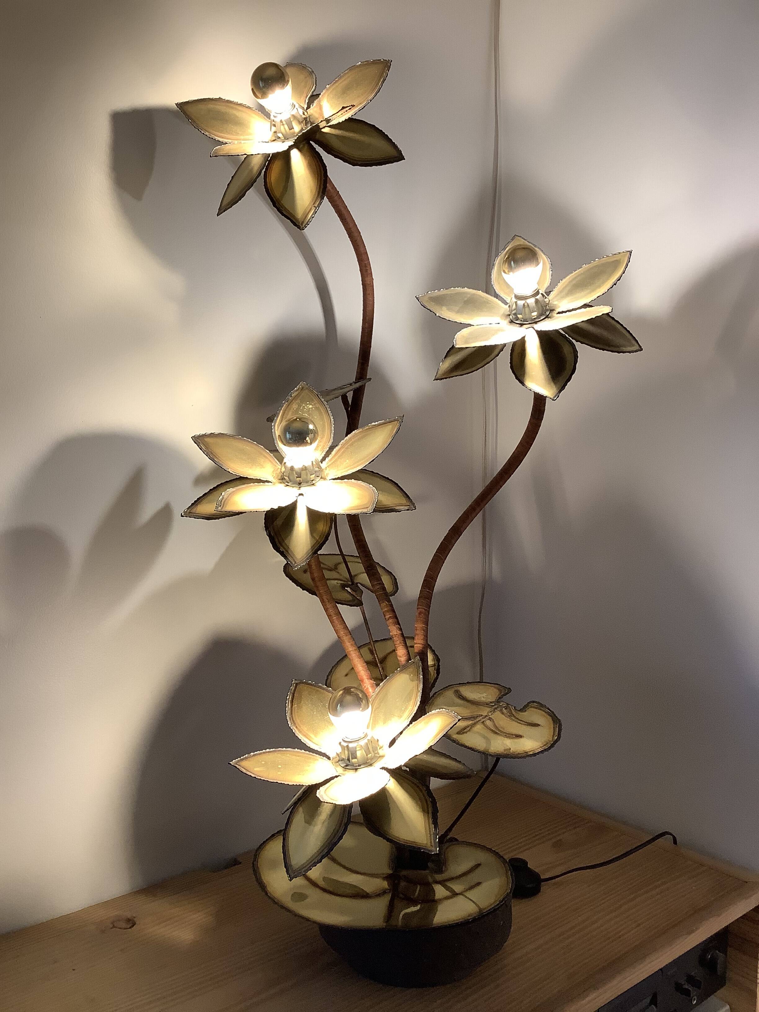 Golden brass flower lamp, Jansen style from the 1970s.