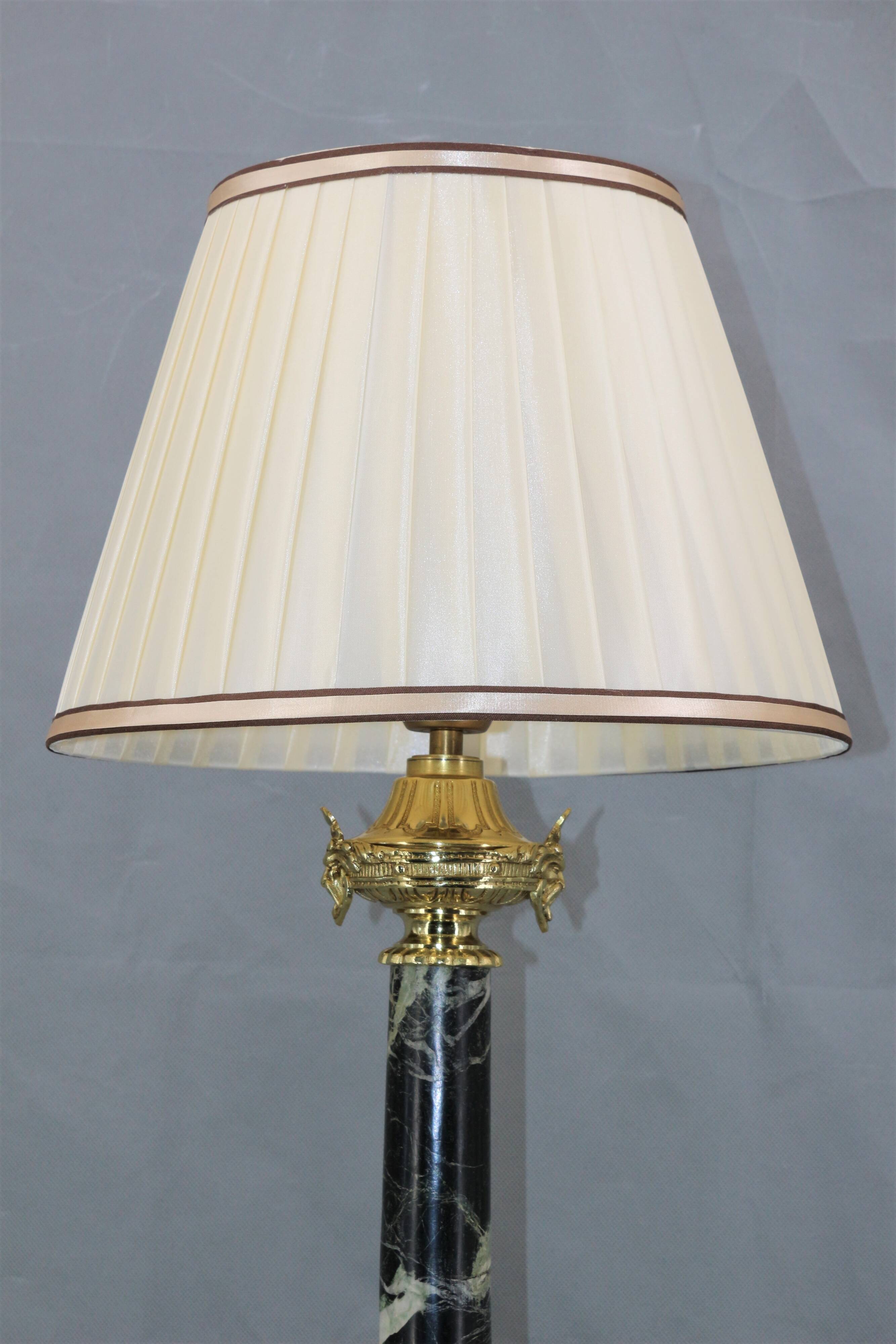 Lamp in gilded bronze & veined water green marble & pleated lampshade