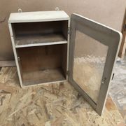 Old hanging medicine cabinet wood + opaque glass door 50's vintage