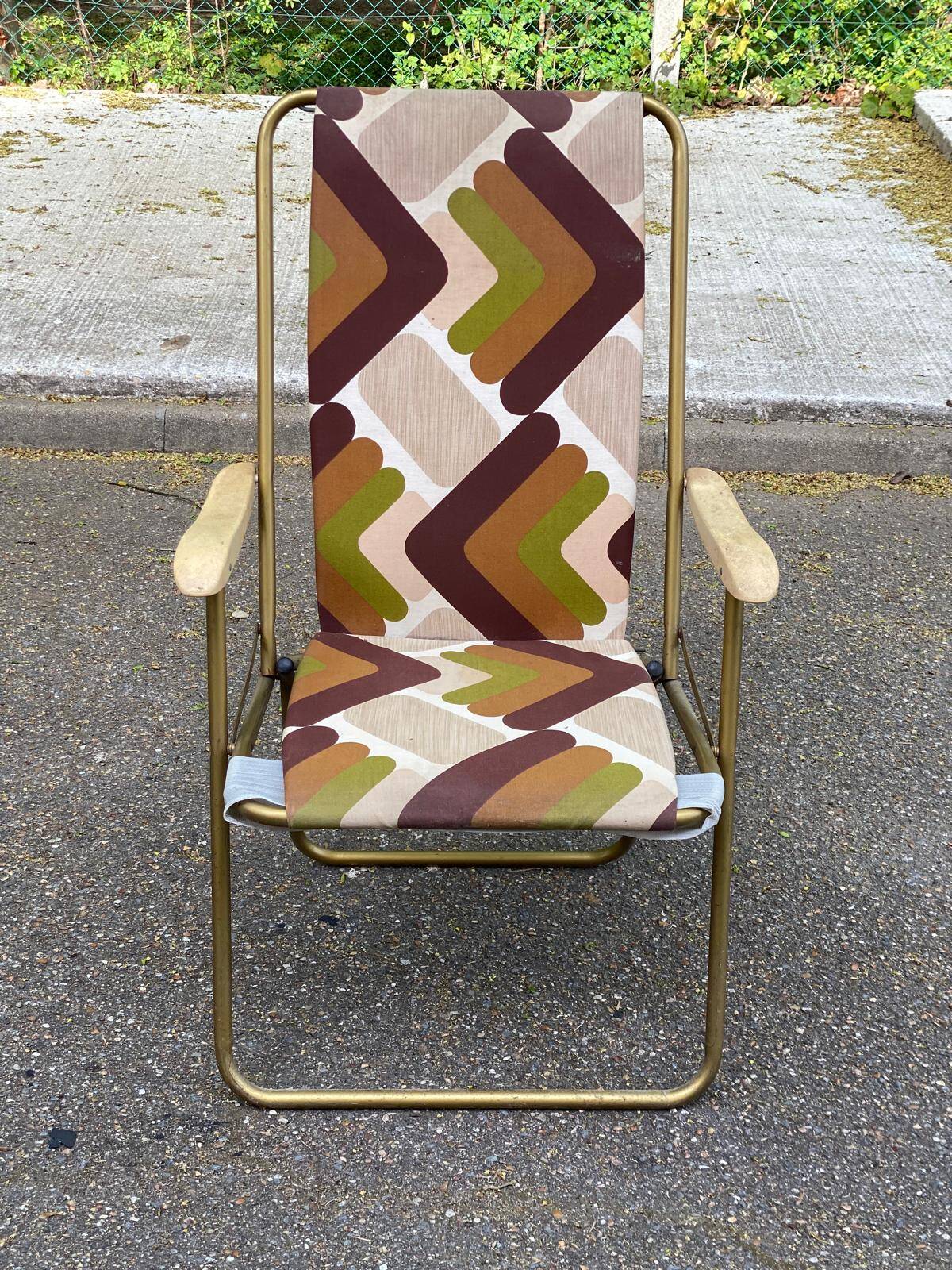 Chaise longue fauteuil pliable Lafuma tissu et acier doré 1970