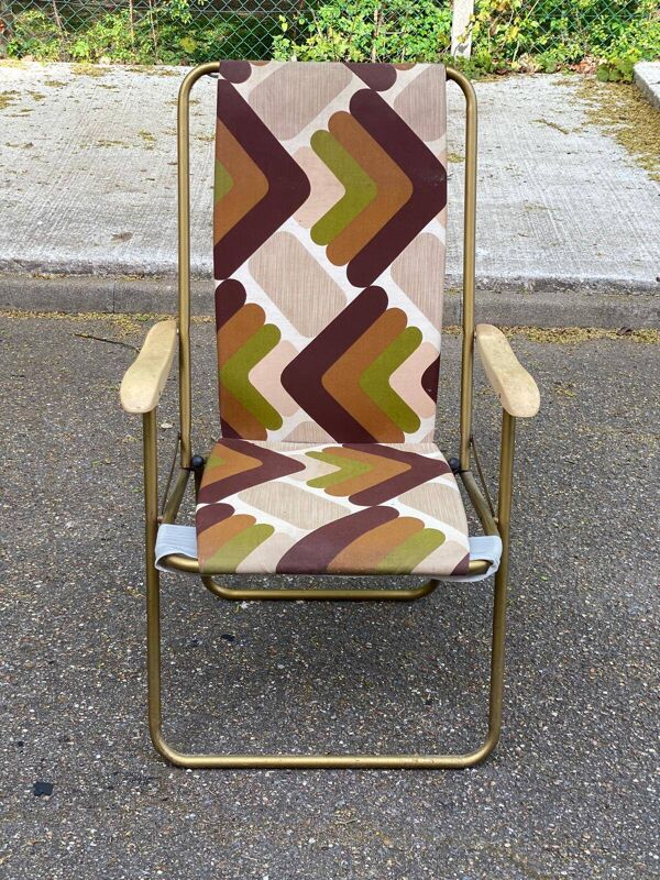 Chaise longue fauteuil pliable Lafuma tissu et acier doré 1970