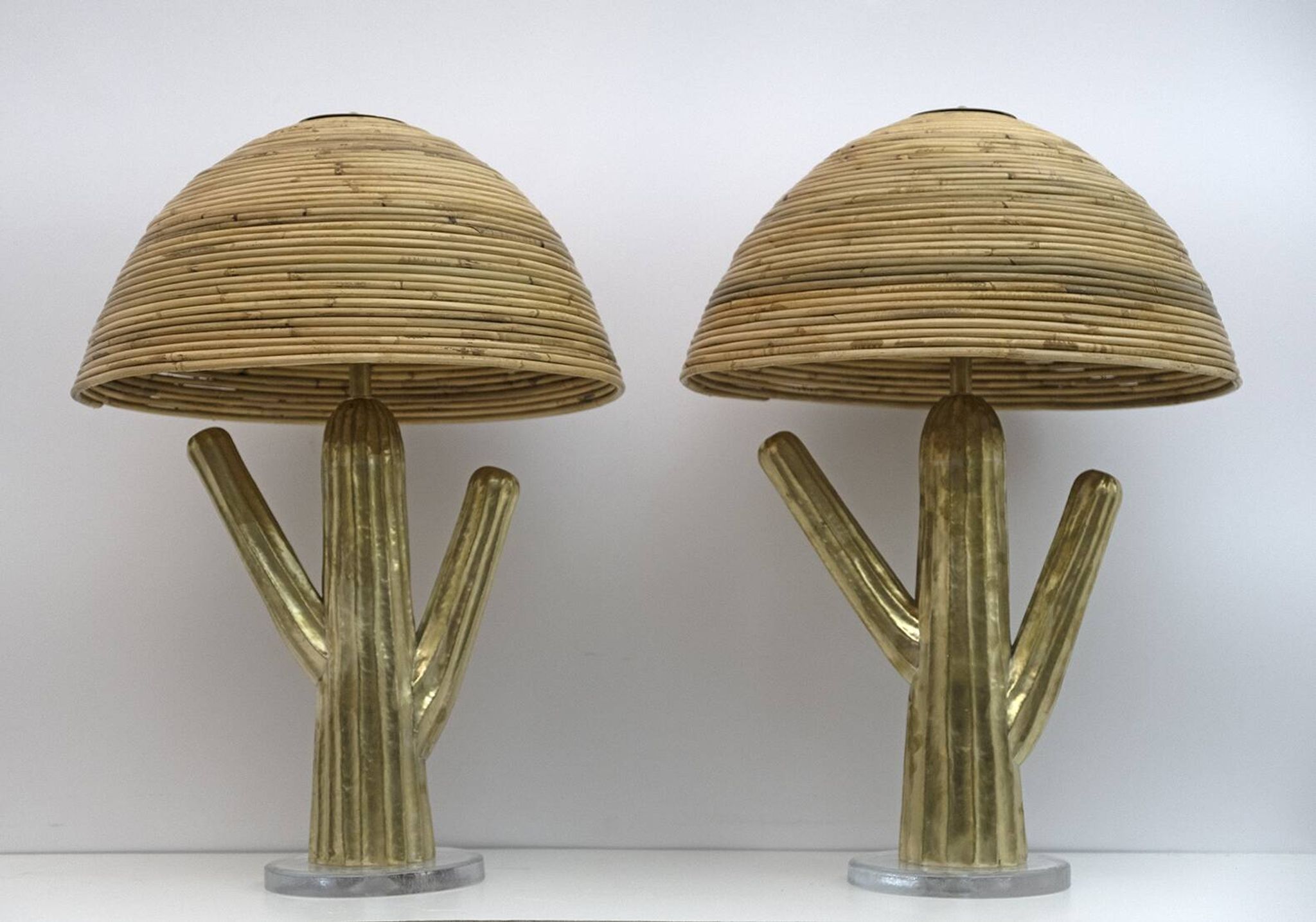 Pair of Hollywood Regency Rattan and Brass Cactus Lamps, Italy, 1990s