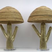 Pair of Hollywood Regency Rattan and Brass Cactus Lamps, Italy, 1990s