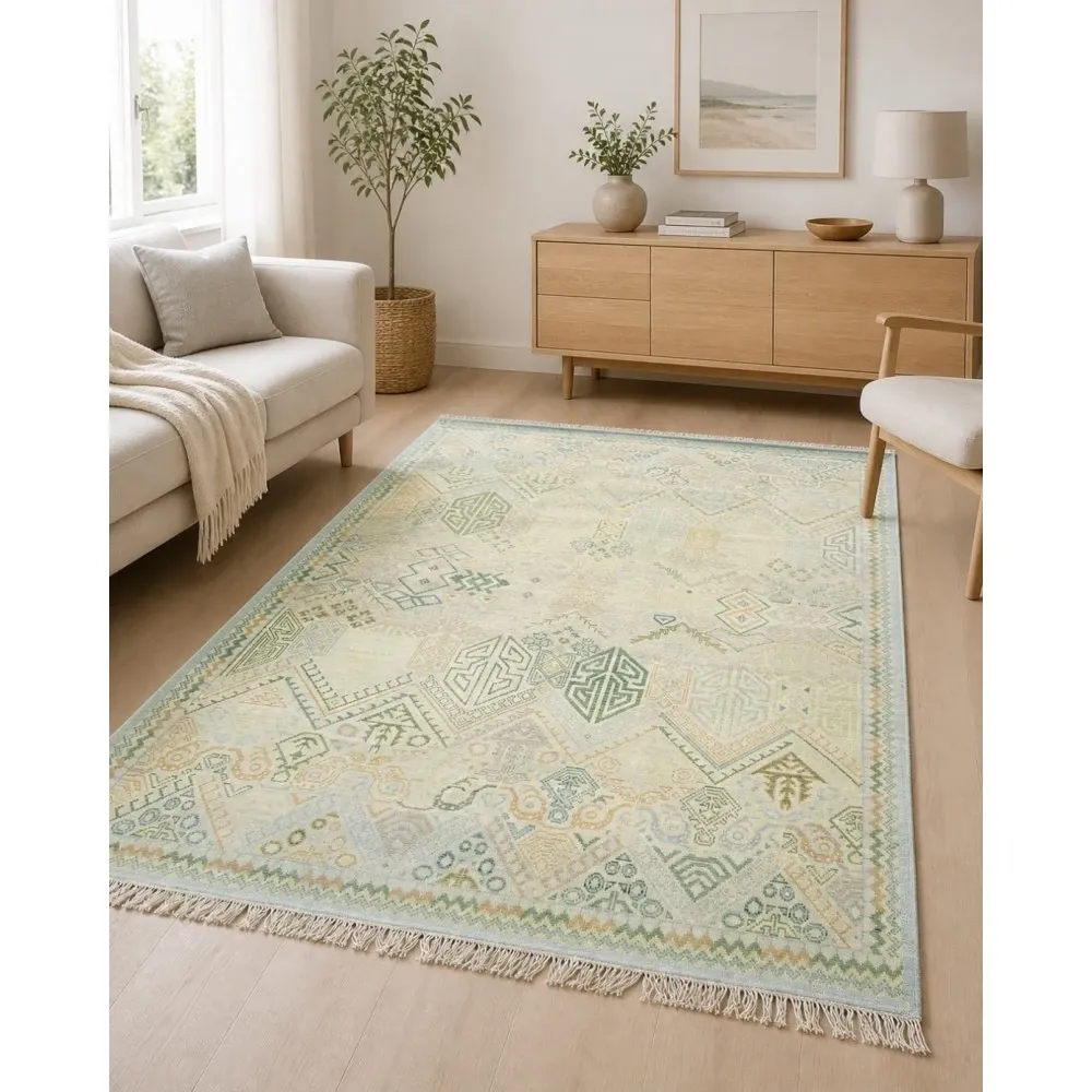 Hand-Knotted Wool Area Rug, Oushak Ivory Sage Green Design Carpet for Living Room