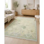 Hand-Knotted Wool Area Rug, Oushak Ivory Sage Green Design Carpet for Living Room
