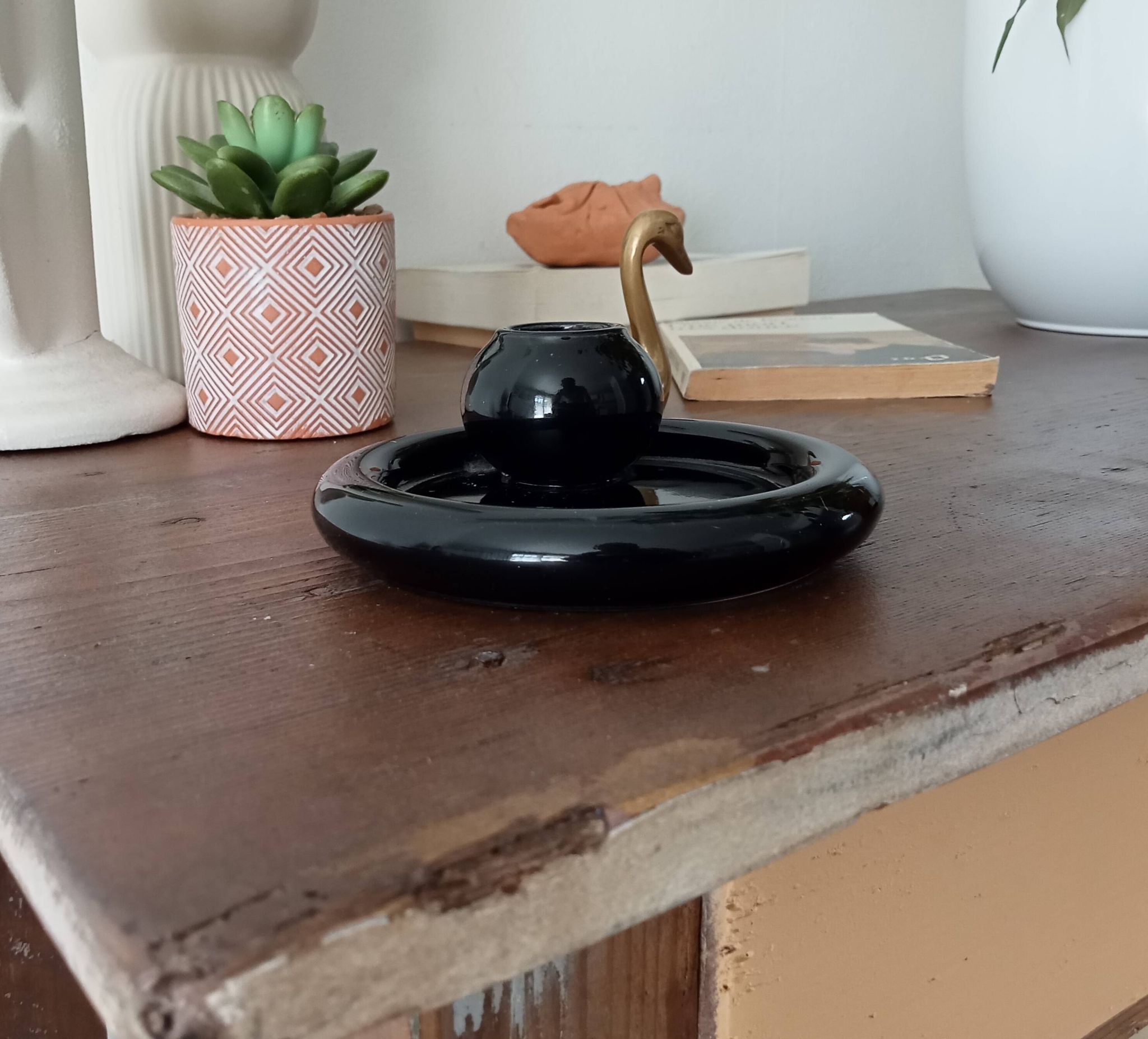 Bougeoir et sa coupelle vintage en céramique noire