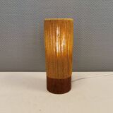 Beautiful cylindrical table lamp in wood and sisal, estimated 1960s-1970s