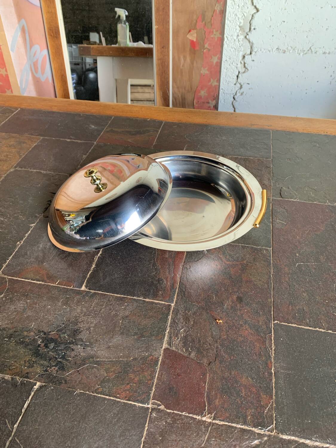 Vintage stainless steel vegetable dish AR CAS 18/10 – brass handles