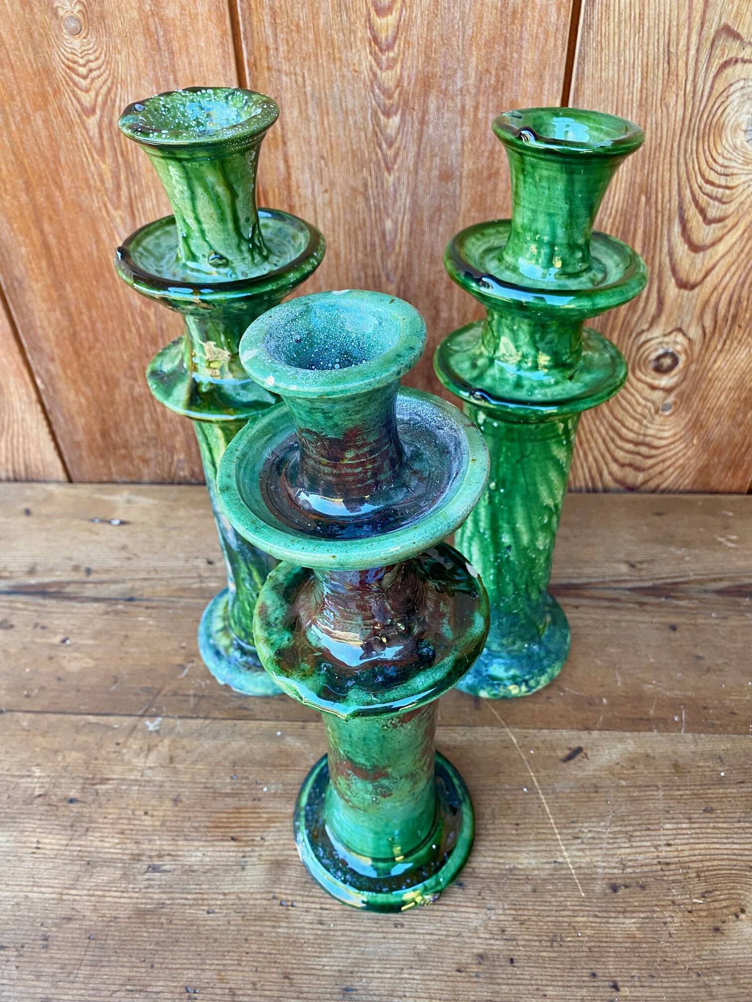3 Tamegroute candle holders in green glazed ceramic from Morocco.