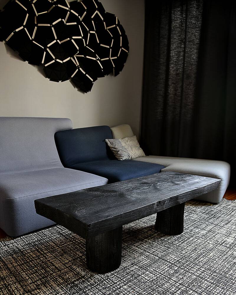 Log coffee table with burnt wood finish, shou-sugi-ban