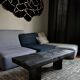 Log coffee table with burnt wood finish, shou-sugi-ban