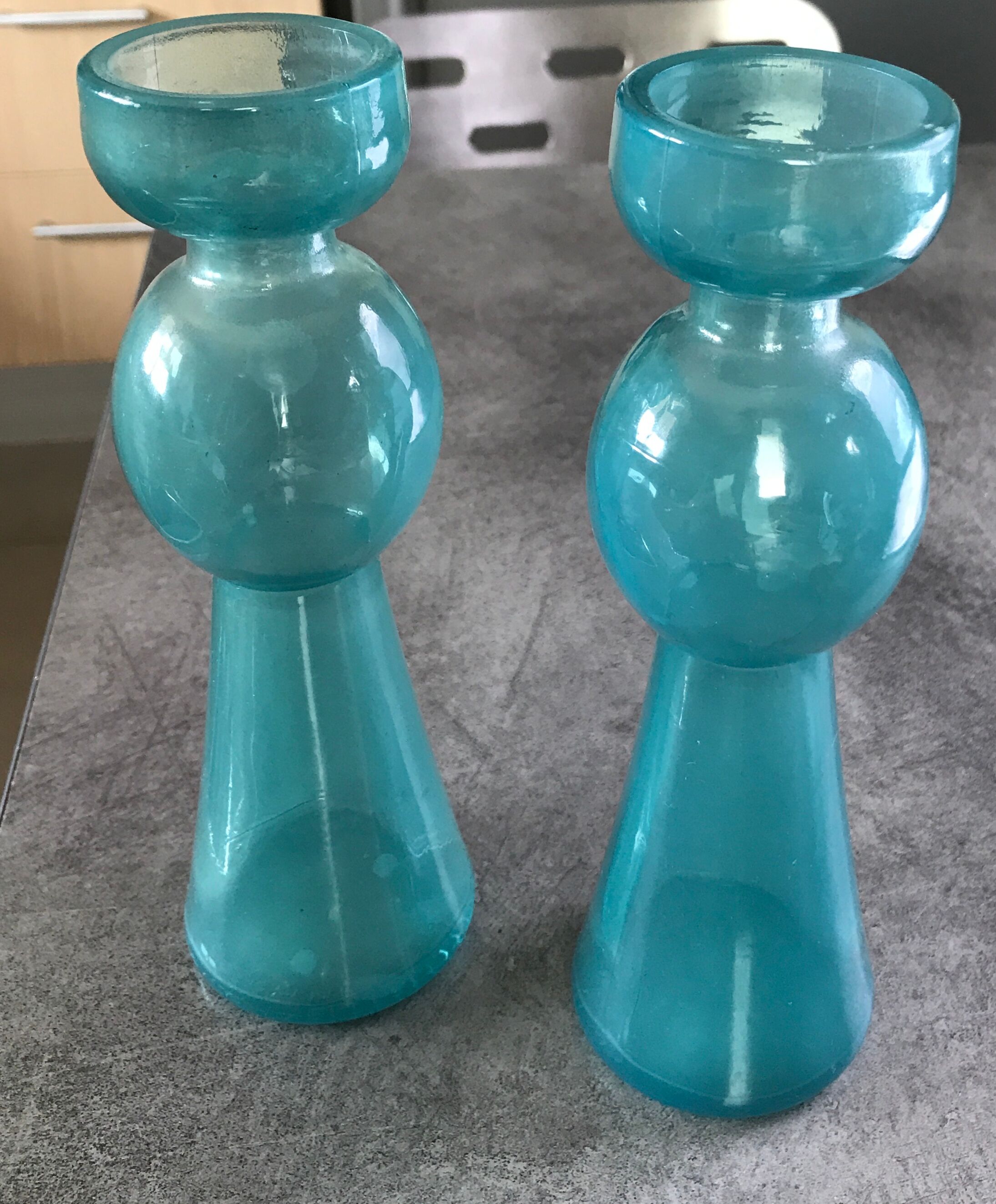 Pair of vintage candlesticks in molded glass turquoise blue 20 cm