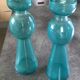 Pair of vintage candlesticks in molded glass turquoise blue 20 cm