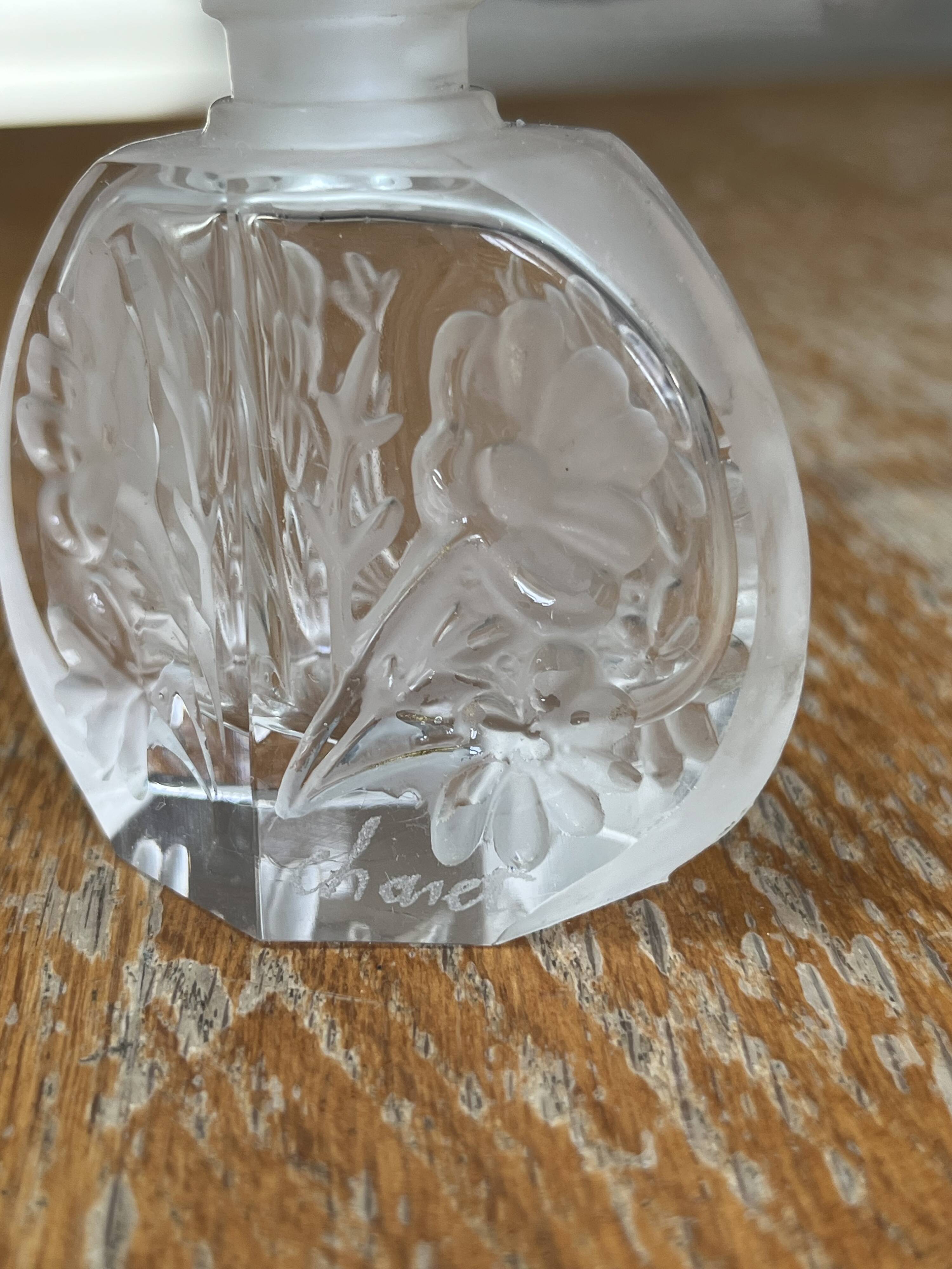 Pair of antique frosted crystal perfume bottles – Signed Charet