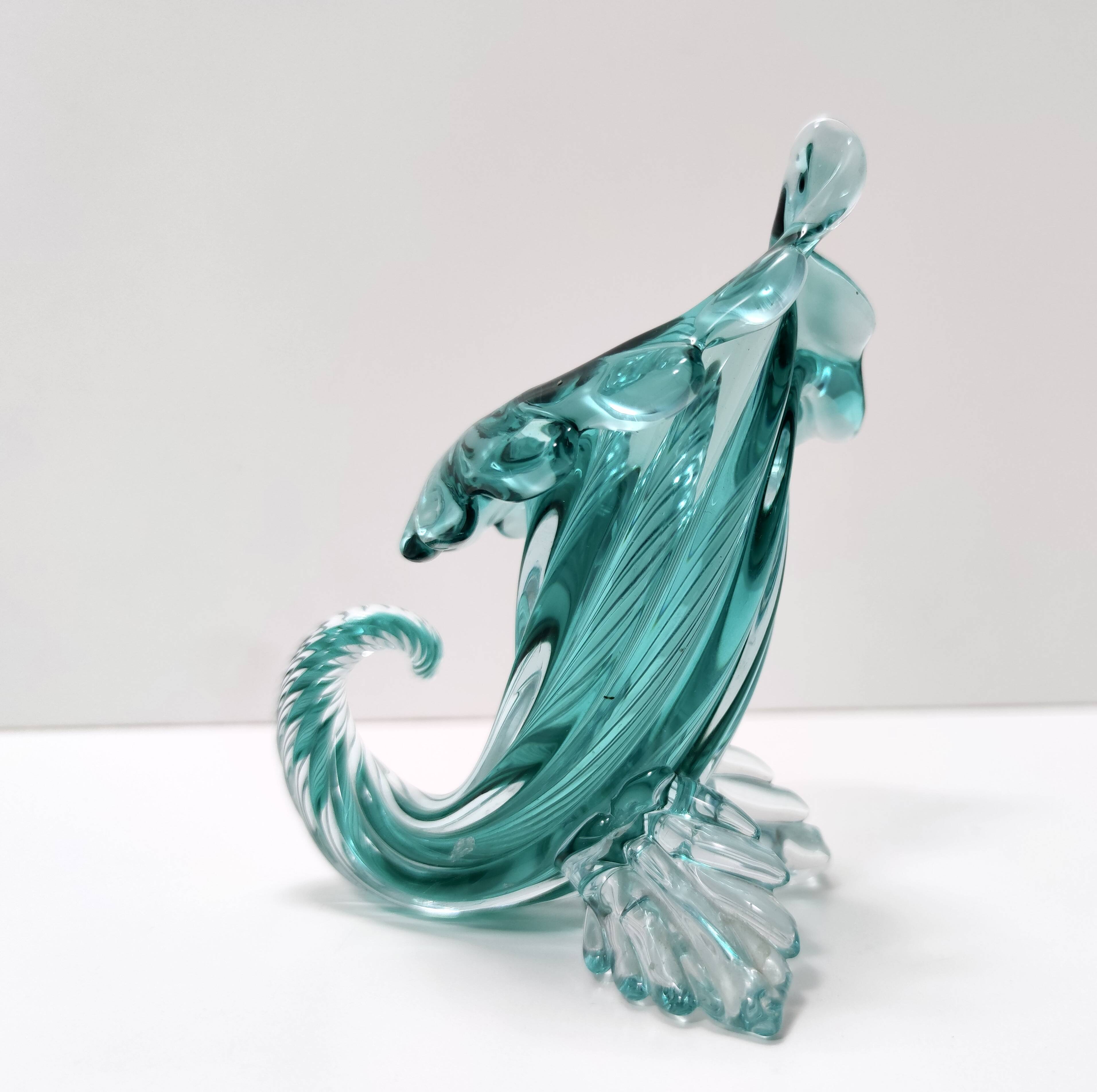 Teal Murano Glass Cornucopia Vase by Archimede Seguso, Italy