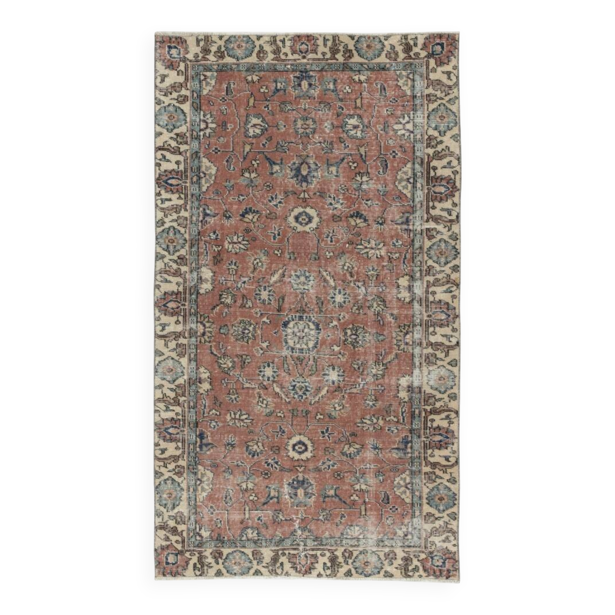 Vintage Handmade Turkish Red Wool Accent Rug with Floral Design for Home and Office Decor
