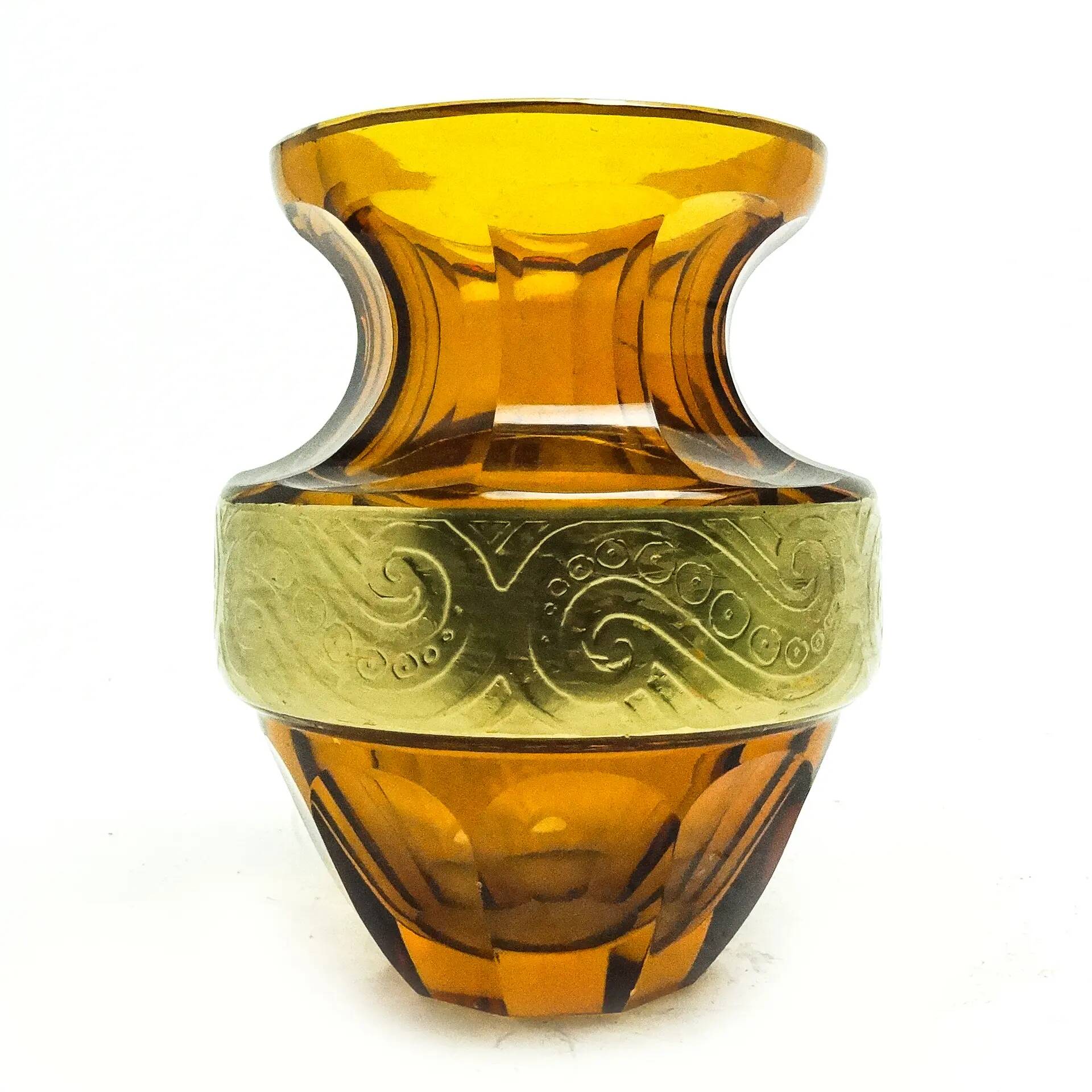 Art Deco vase, honey crystal oroplastic, Moser, Czechoslovakia, 1930s